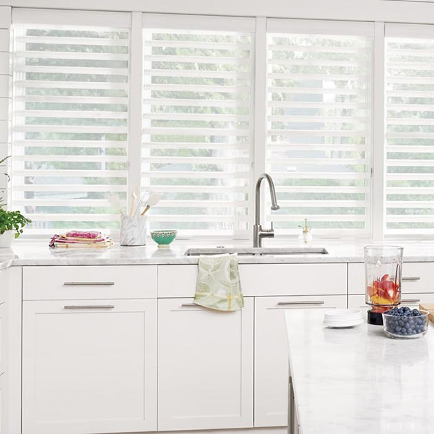 Hunter Douglas, Custom Window Treatments, White Painted Shutters | Interiors by Design Concepts